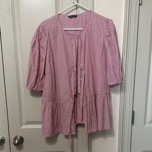 Red Striped Tie-Front Blouse with Puff Sleeves